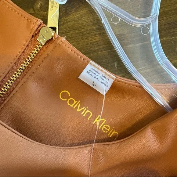 Calvin Klein Camel Tan Faux Leather Dress Caramel Mocha Expresso 10 Vegan